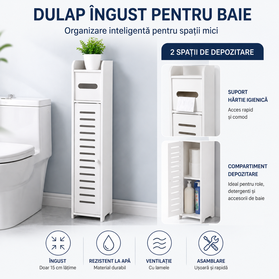 Dulap Îngust de Baie 3-în-1 – Suport Hartie Igienică, Rafturi și Depozitare Ascunsă, Alb Premium