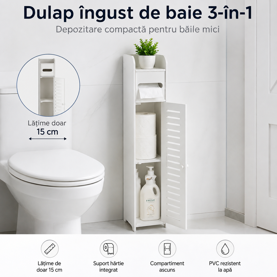 Dulap Îngust de Baie 3-în-1 – Suport Hartie Igienică, Rafturi și Depozitare Ascunsă, Alb Premium