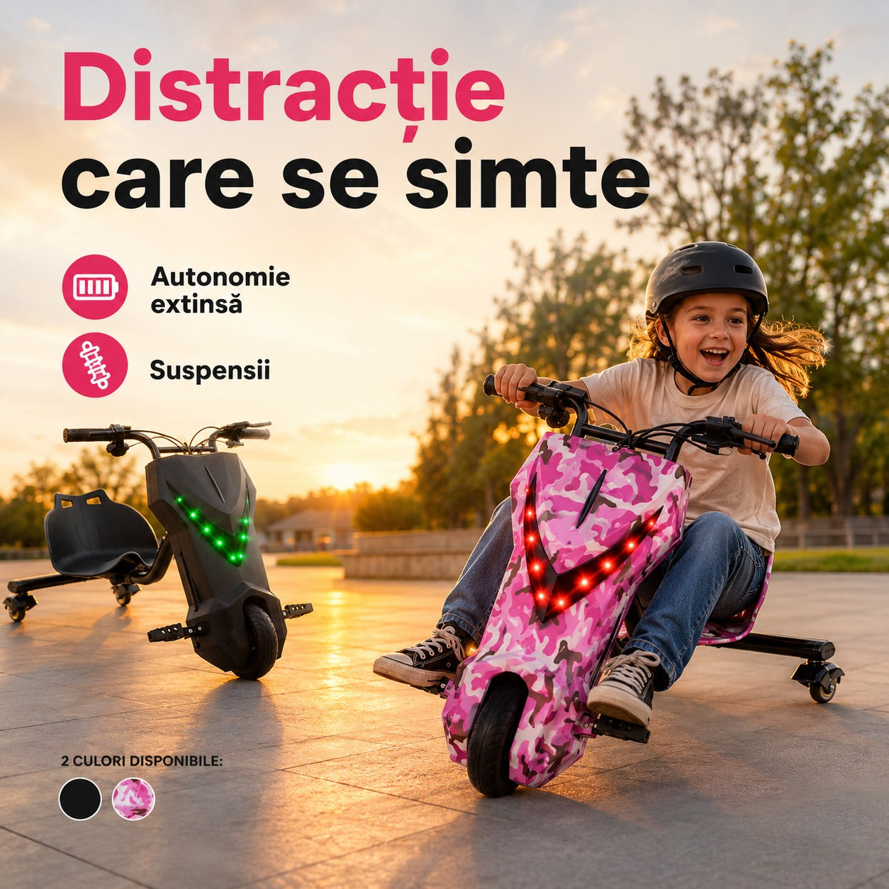 Tricicletă Electrică Copii Hello Kitty cu Drift 360° – 150W, 36V, Bluetooth + Difuzor, Lumini LED, 20 km/h ZanaCasei.Ro