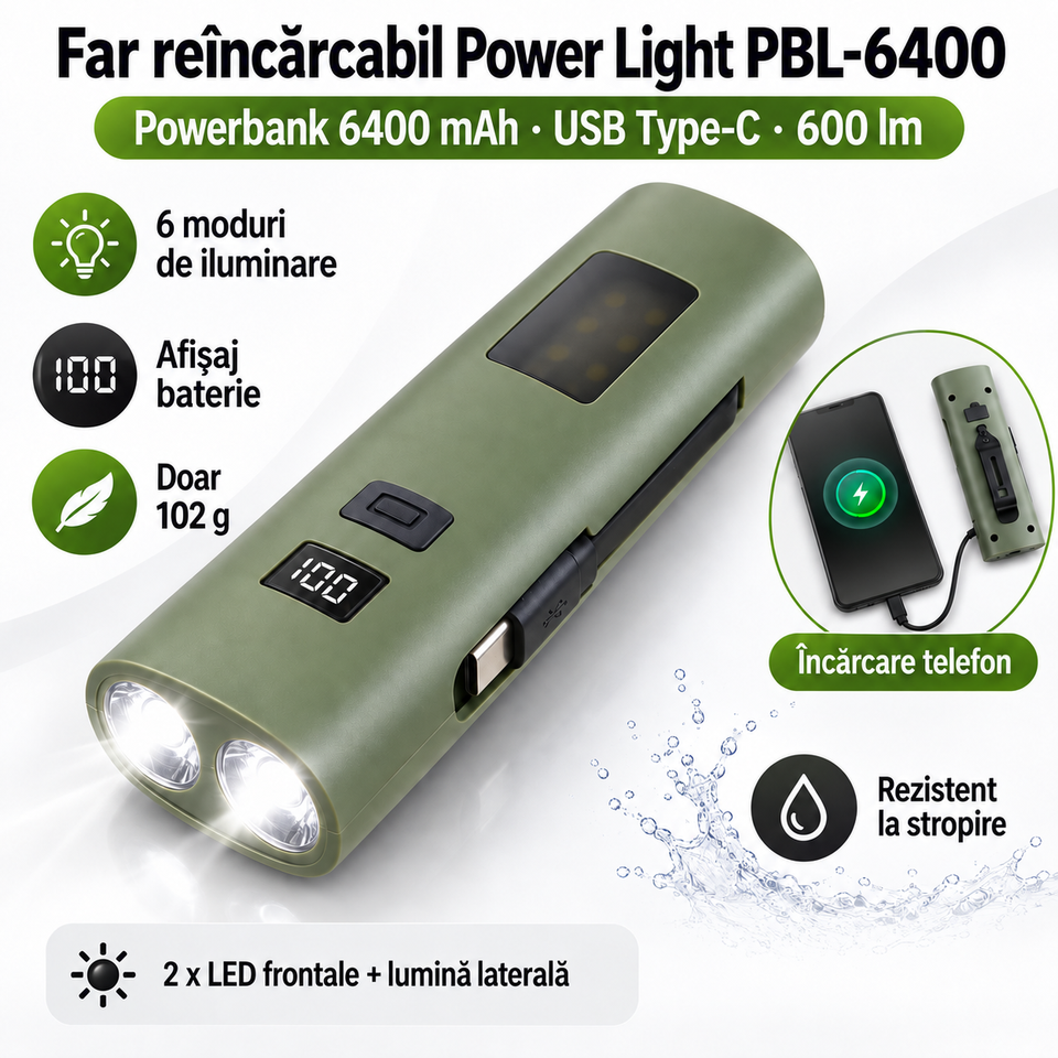 Far Reîncărcabil Power Light PBL-6400 – Lanternă LED 600 lm și Powerbank 6400 mAh, USB Type-C, 6 Moduri de Iluminare, Kaki