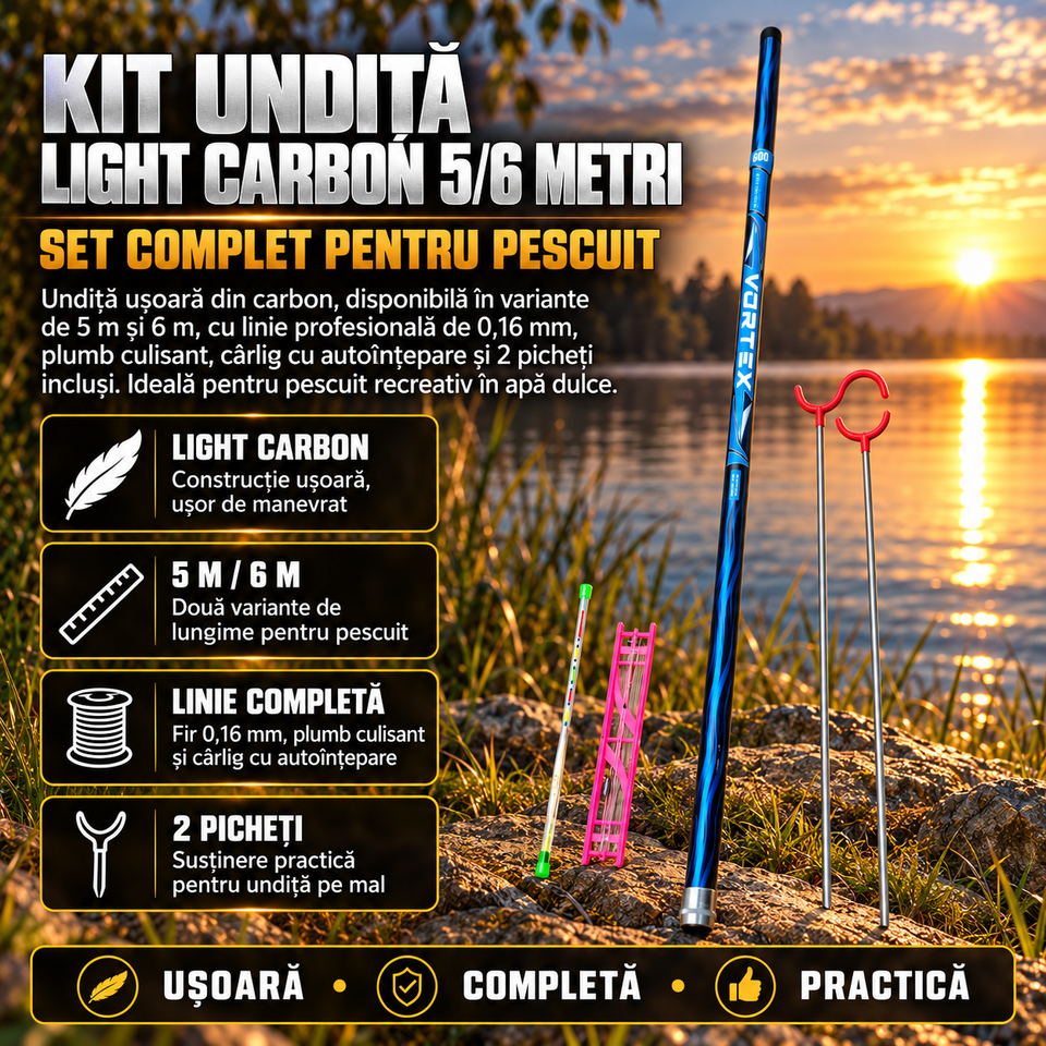 Kit Undiță Light Carbon 5/6 Metri, cu Linie de Pescuit Profesională, Fir 0,16 mm, Plumb Culisant, Cârlig cu Autoînțepare și 2 Picheți Incluși – Set Complet pentru Pescuit