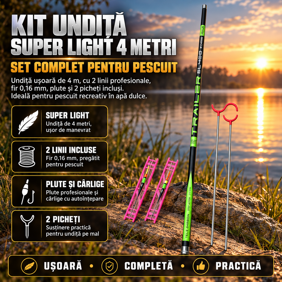 Kit Undiță Super Light 4 Metri, cu 2 Linii de Pescuit Profesionale, Fir 0,16 mm, Plute Profesionale, Cârlige cu Autoînțepare și 2 Picheți Incluși – Set Complet pentru Pescuit