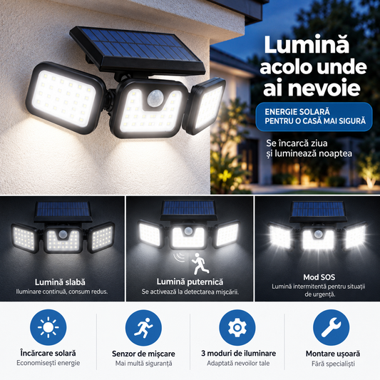 Lampă solară — 3 moduri de iluminare, se încarcă ziua și luminează noaptea