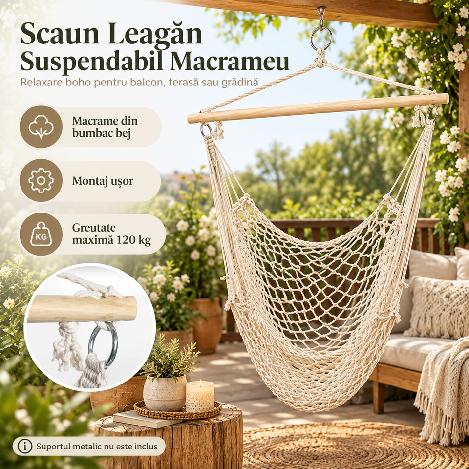 Scaun Leagăn Suspendabil din Macrameu – Ø100 cm, Spătar 120 cm, Bumbac Bej, Max. 120 kg, pentru Balcon, Terasă și Grădină