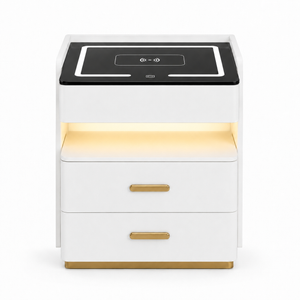 Noptieră Elegantă Dormitor — Design Alb cu Detalii Aurii, LED Cald, Încărcare Wireless și Cablu