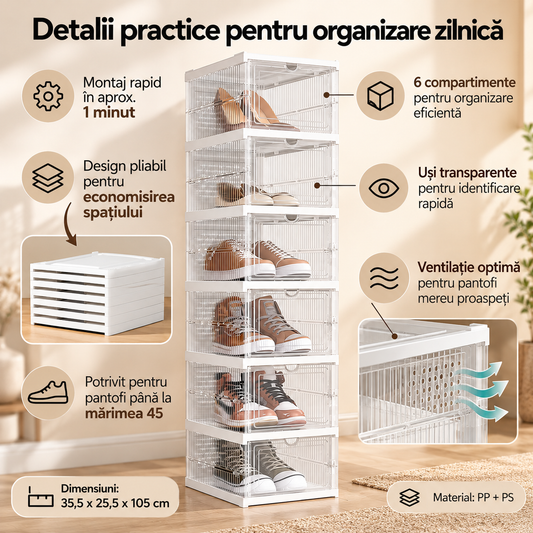 Set 6 cutii pantofi – detalii: montaj 1 minut, pliabil, ventilație, până la mărimea 45