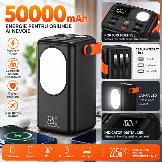 Power bank 50000 mAh — porturi multiple, lampă LED, indicator digital