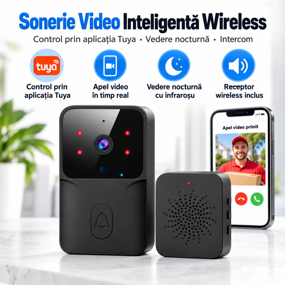 Sonerie Video Inteligentă Wireless – Control prin Aplicația Tuya, Apel Video în Timp Real, Vedere Nocturnă, Intercom și Receptor Wireless Inclus