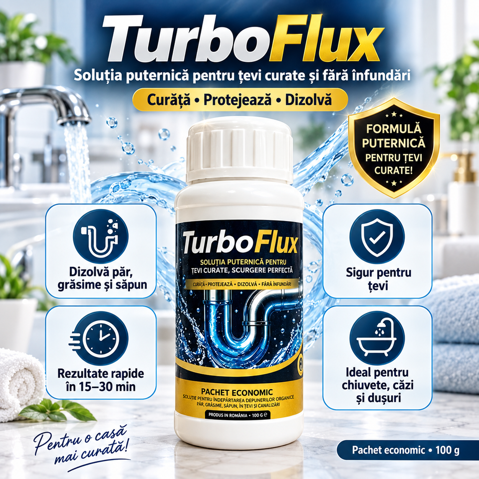 TurboFlux – Pudră Concentrată pentru Desfundat Țevi, 100 g – Dizolvă Păr, Grăsime și Săpun în 15–30 Minute (set de 4)