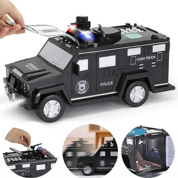 Pușculiță interactivă pentru bani, design camion blindat de poliție pentru copii cu efecte de lumină și sunet MelekMag