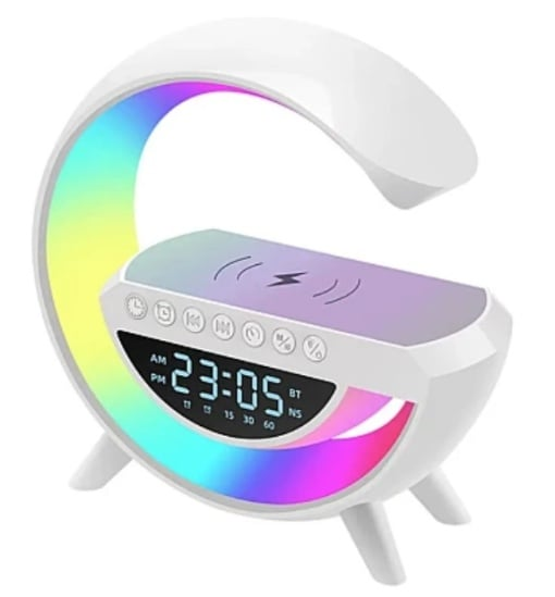Lampa LED RGB Smart pentru birou, încărcare wireless telefon, Boxa Bluetooth, ceas și alarmă ZanaCasei.Ro