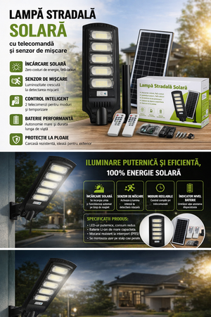 Lampă Stradală Solară LED 800W, 5 Module cu 300 Leduri, Senzor Mișcare și Telecomanda, Rezistenta la Ploaie, Baterie Li-ion