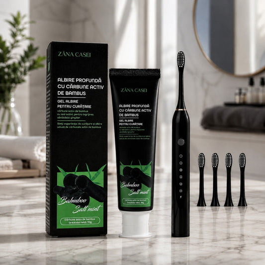Pastă Dinți Albire Cărbune Bambus Zâna Casei® + CADOU Periuță Sonic X3, 4 Capete, USB ZanaCasei.Ro