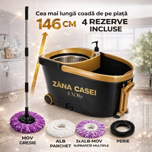 Mop Rotativ Zâna Casei® Luxor – Set Premium cu 4 Rezerve, Perie și Cuva din Inox, Coadă Telescopică 146 cm ZanaCasei.Ro