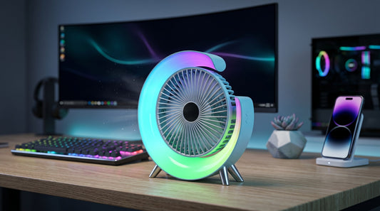 Mini aer conditionat cu ventilatie, cu 5 moduri de iluminare LED, ajustabil 180°, alimentare USB-C, portabil, pentru masa sau birou ZanaCasei.Ro