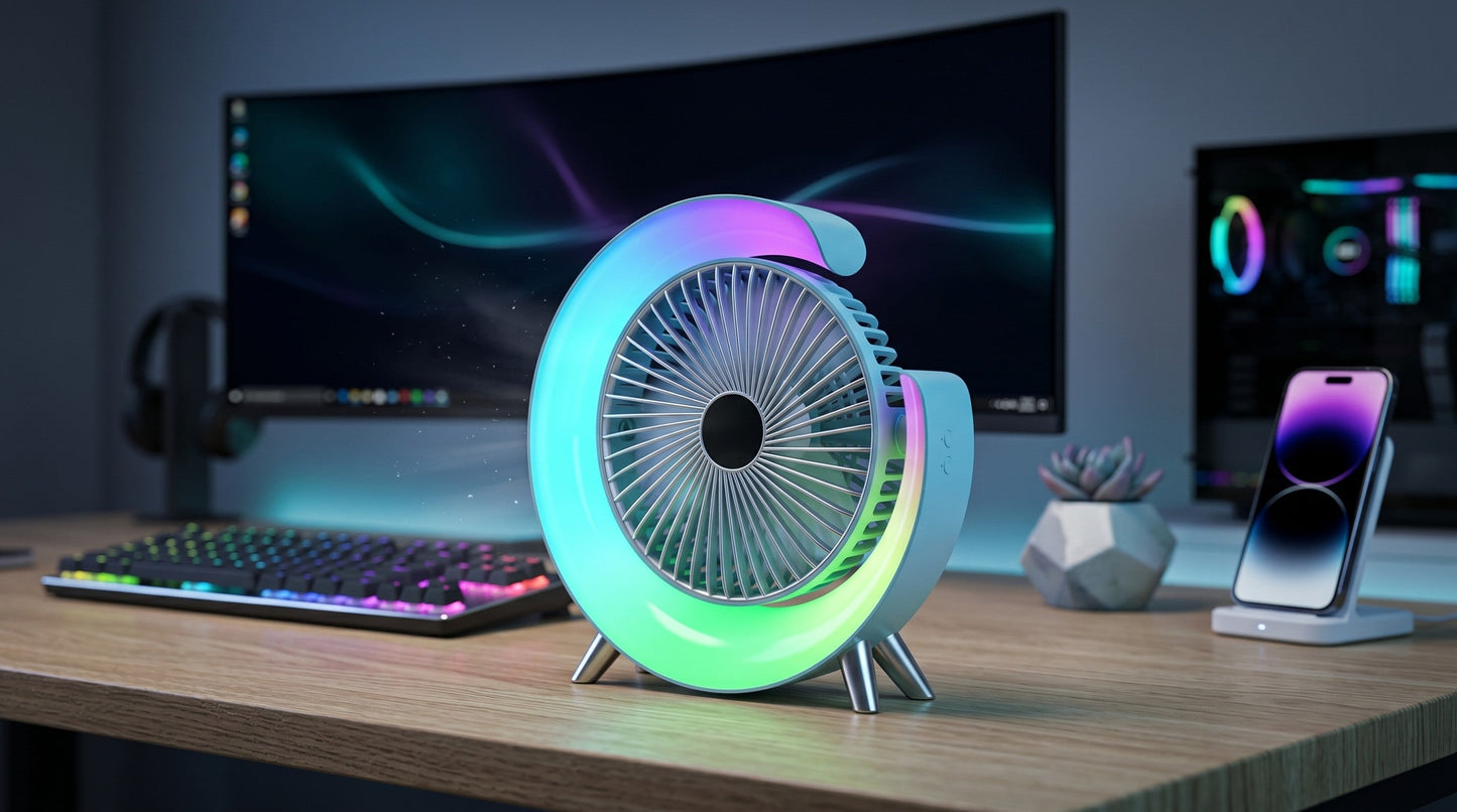 Mini aer conditionat cu ventilatie, cu 5 moduri de iluminare LED, ajustabil 180°, alimentare USB-C, portabil, pentru masa sau birou ZanaCasei.Ro
