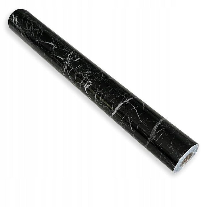 Folie autoadeziva pentru mobila cu model marmura neagra, autocolant decorativ PVC, 60 x 300 cm ZanaCasei.Ro