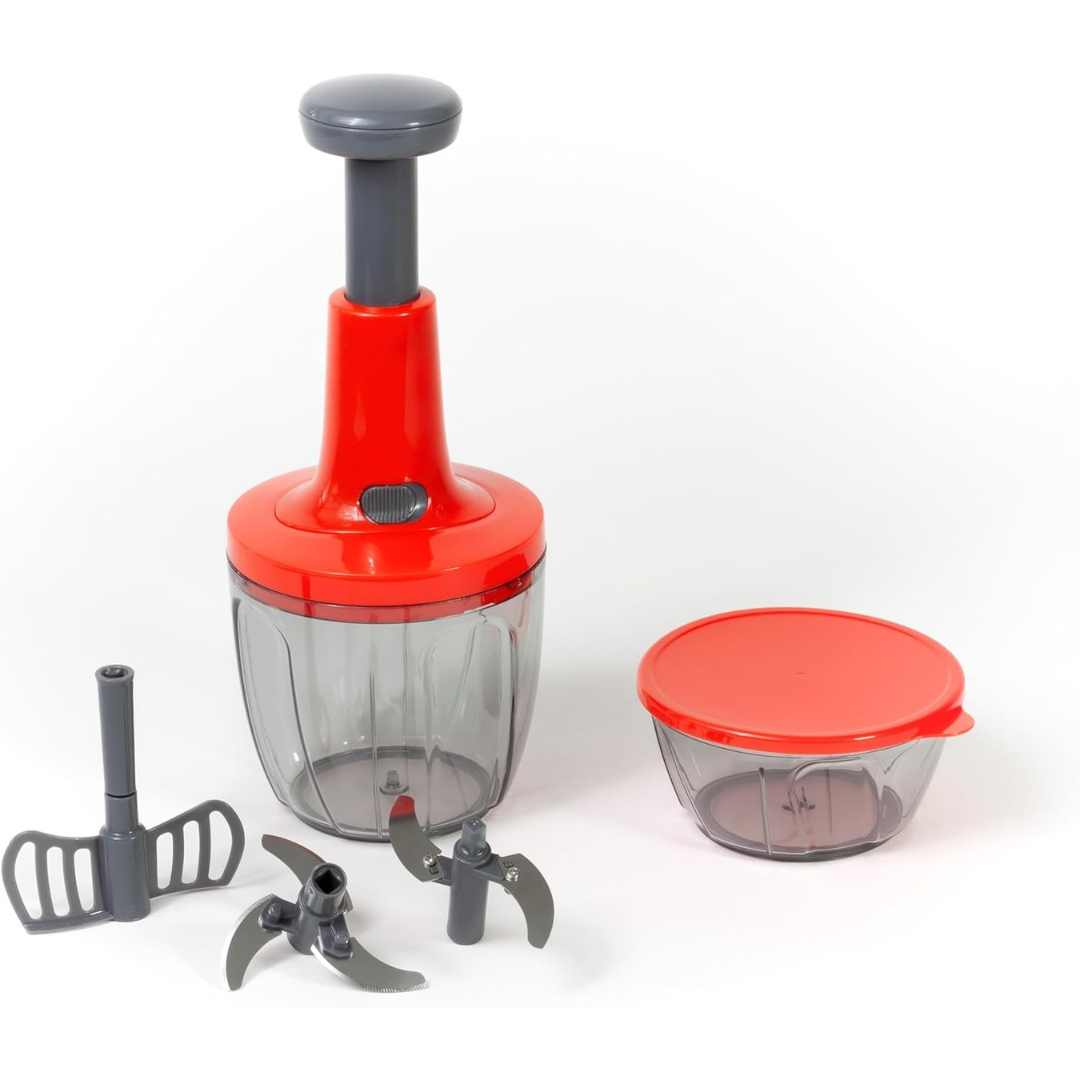 Chopper Manual Multifuncțional 5 Lame Inox, 2 Recipiente 900ml + 400ml, Accesoriu pentru Amestecare Rapidă, Fără Curent, Roșu ZanaCasei.Ro