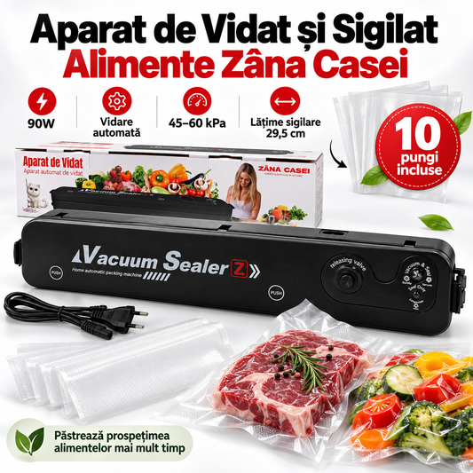 Aparat de Vidat și Sigilat Alimente Zâna Casei, 90W, Vidare Automată, Putere de Aspirare 45–60 kPa, Lățime Sigilare 29,5 cm, 10 Pungi Incluse – Negru