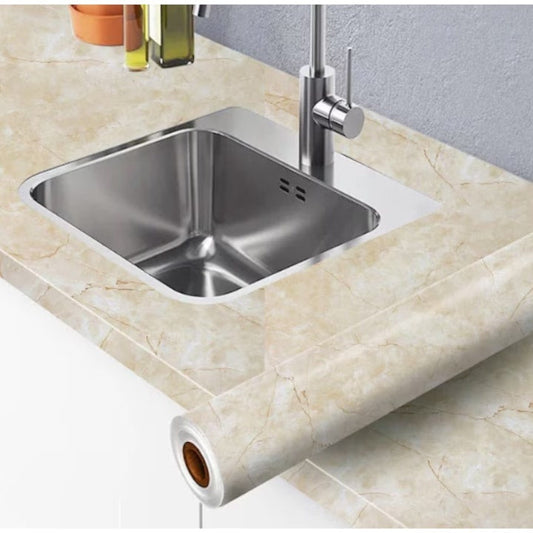 Folie autoadeziva pentru mobila cu model marmura bej, autocolant decorativ rezistent la apa, 60 x 300 cm ZanaCasei.Ro