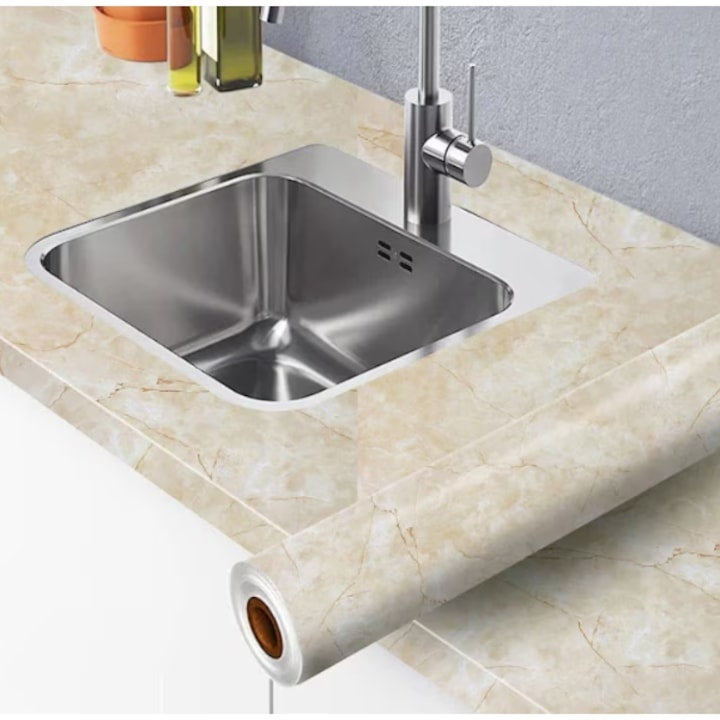 Folie autoadeziva pentru mobila cu model marmura bej, autocolant decorativ rezistent la apa, 60 x 300 cm ZanaCasei.Ro