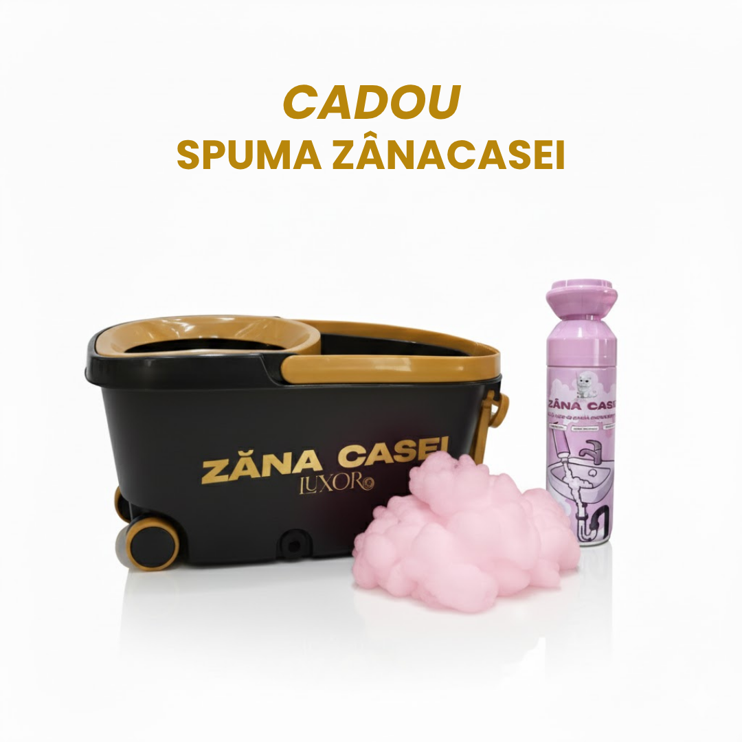 Mop Zâna Casei® Luxor +SPUMA CURATARE CADOU – Set Premium cu 4 Rezerve pentru Diferite Suprafețe, Perie și Cuva din Inox, Coadă Telescopică 130 cm ZanaCasei.Ro