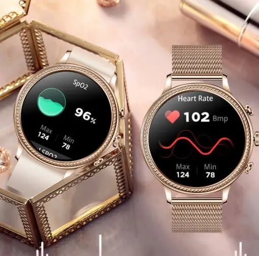Ceas Smartwatch Dama, Curea Metalica și Silicon Sunshine Gold, AI Asistent Vocal, GPS Route Tracking, NFC, Monitor HR/SpO2 Zanacasei