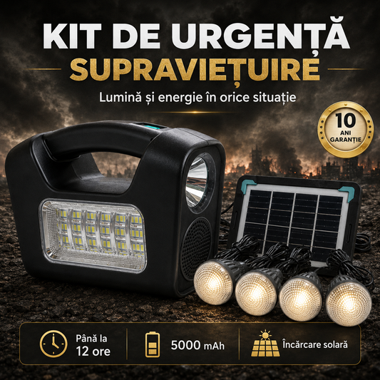 Kit de Urgență și Supraviețuire cu Panou Solar, 4 Becuri LED, Lanternă, Radio, Bluetooth și Acumulator 5000 mAh ZanaCasei.Ro