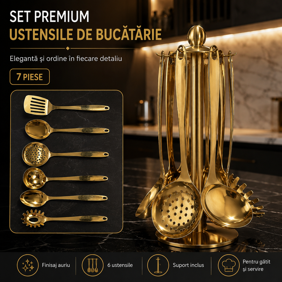 Set Premium 7 Piese pentru Bucătărie, Ustensile Aurii cu Suport Elegant