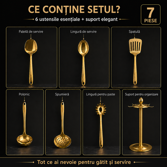 Set Premium 7 Piese pentru Bucătărie, Ustensile Aurii cu Suport Elegant ZanaCasei.Ro