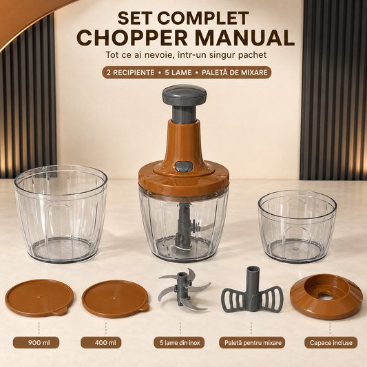 Tocător Chopper Manual Multifuncțional – 5 Lame Inox, 900ml+400ml, Silențios, Fără Curent ZanaCasei.Ro