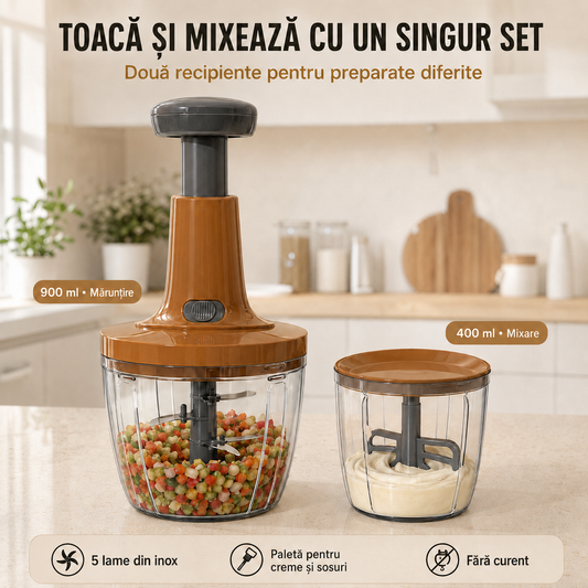 Tocător Chopper Manual Multifuncțional – 5 Lame Inox, 900ml+400ml, Silențios, Fără Curent ZanaCasei.Ro