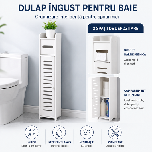 Dulap Îngust de Baie 3-în-1 – Suport Hartie Igienică, Rafturi și Depozitare Ascunsă, Alb Premium ZanaCasei.Ro