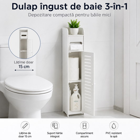 Dulap Îngust de Baie 3-în-1 – Suport Hartie Igienică, Rafturi și Depozitare Ascunsă, Alb Premium ZanaCasei.Ro