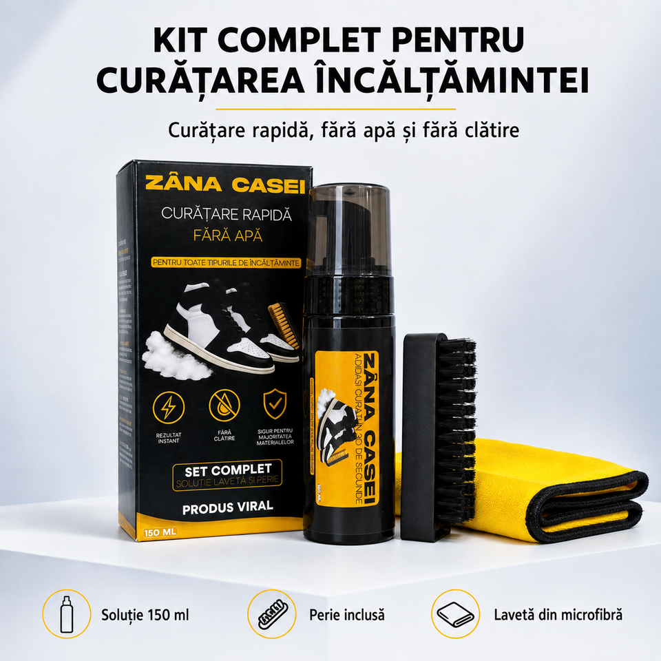 Kit Complet pentru Curățarea Încălțămintei Zâna Casei – Spumă 150 ml, Perie și Lavetă, Fără Apă
