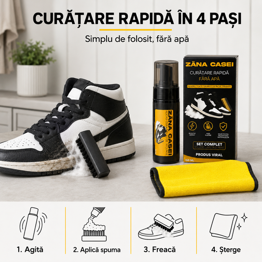 Kit Complet pentru Curățarea Încălțămintei Zâna Casei – Spumă 150 ml, Perie și Lavetă, Fără Apă ZanaCasei.Ro