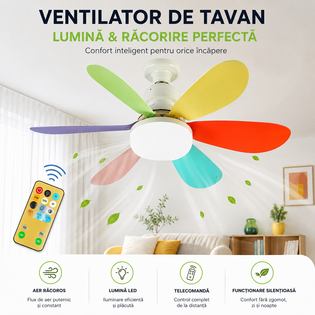 Ventilator de Tavan 2-în-1 cu LED Reglabil și Telecomandă, 40W, E27, 3 Viteze, 3 Tonuri de Lumină și Timer ZanaCasei.Ro