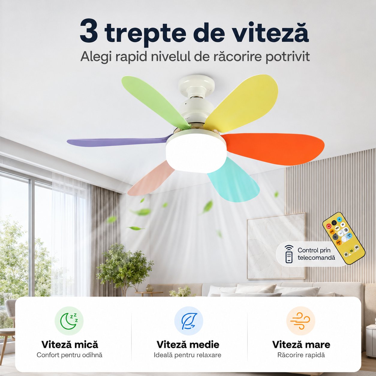 Ventilator de Tavan 2-în-1 cu LED Reglabil și Telecomandă, 40W, E27, 3 Viteze, 3 Tonuri de Lumină și Timer ZanaCasei.Ro