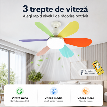 Ventilator de Tavan 2-în-1 cu LED Reglabil și Telecomandă, 40W, E27, 3 Viteze, 3 Tonuri de Lumină și Timer ZanaCasei.Ro