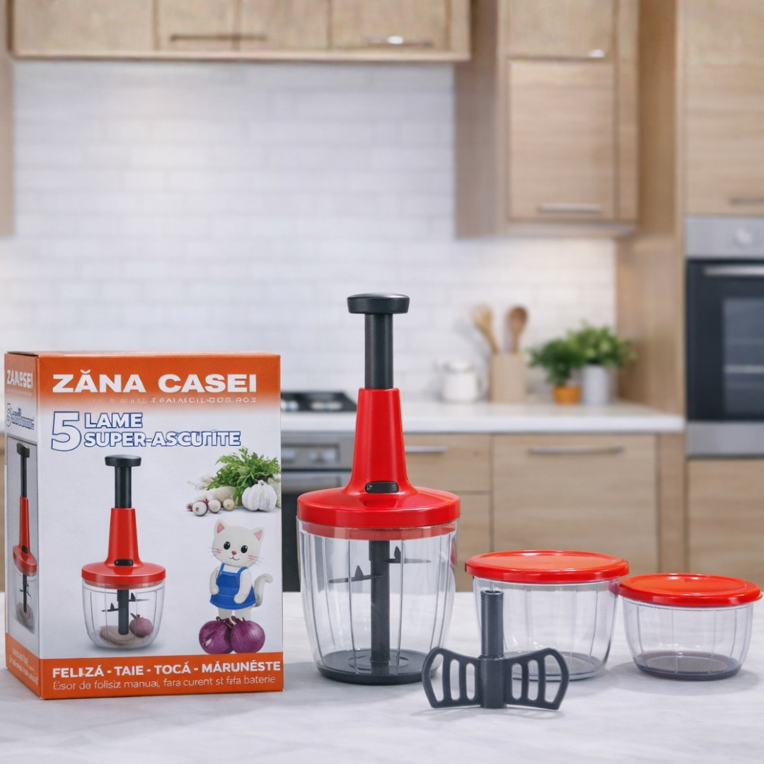 Chopper Manual Multifuncțional 5 Lame Inox, 2 Recipiente 900ml + 400ml, Accesoriu pentru Amestecare Rapidă, Fără Curent, Roșu ZanaCasei.Ro