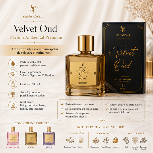 Parfum Ambiental Zâna Casei Velvet, 500 ml, Sticlă Premium, Disponibil în Variantele Rose Noir, Oud și Aura ZanaCasei.Ro