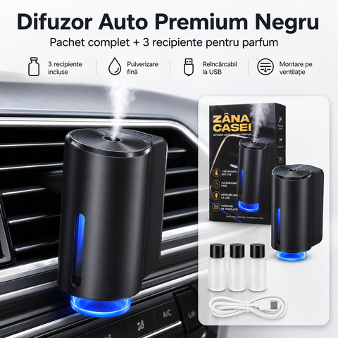 Pachet Difuzor Auto Premium Negru + 3 Parfumuri Cadou ZanaCasei.Ro
