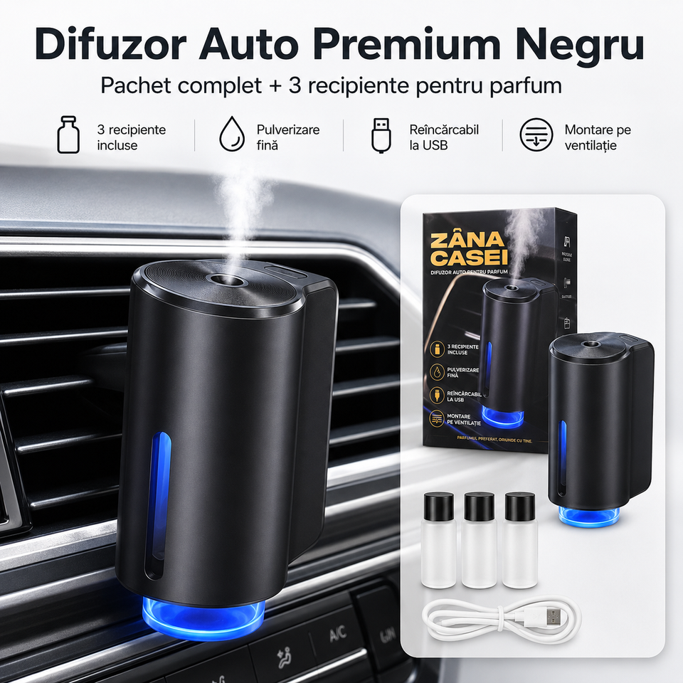 Pachet Difuzor Auto Premium Negru + 3 Parfumuri Cadou