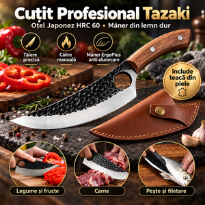 Cutit Profesional Tazaki Zâna Casei - Otel Japonez HRC 60, Calire Manuala, Maner din Lemn Dur + Husa din Piele