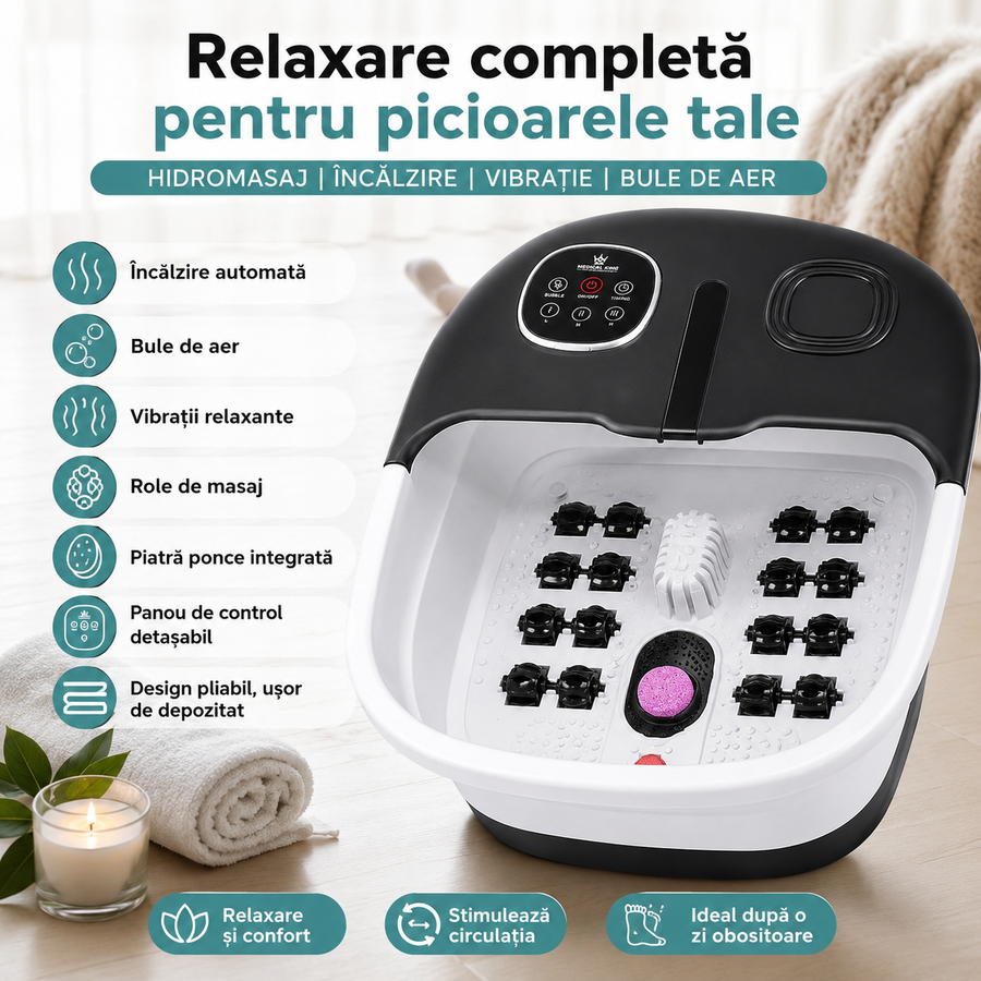 Aparat Hidromasaj Pliabil pentru Picioare, Încălzire Automată, Bule de Aer, Vibrații și Role de Masaj, Panou de Control Detașabil, Piatră Ponce, Negru