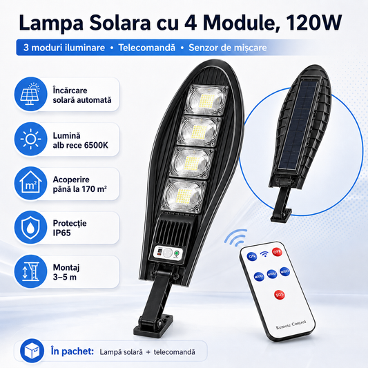 Lampa Solara cu 4 Module si 3 Moduri Iluminare, Telecomandă, Senzor de mișcare, 120W ZanaCasei.Ro