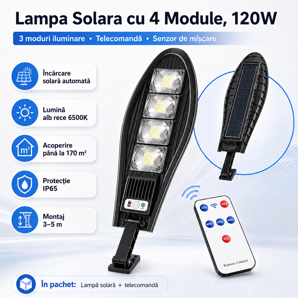 Lampa Solara cu 4 Module si 3 Moduri Iluminare, Telecomandă, Senzor de mișcare, 120W
