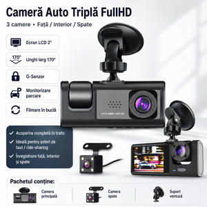 Cameră Auto Triplă 3-în-1 Față, Interior și Spate, Ecran LCD 2”, G-Sensor, Unghi 170°, Filmare în Buclă și Monitorizare Parcare