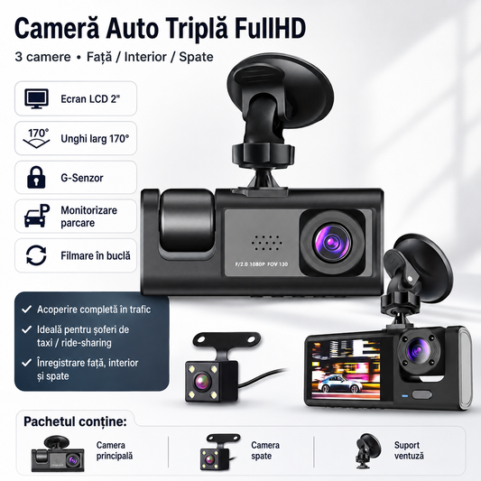 Cameră Auto Triplă 3-în-1 Față, Interior și Spate, Ecran LCD 2”, G-Sensor, Unghi 170°, Filmare în Buclă și Monitorizare Parcare ZanaCasei.Ro