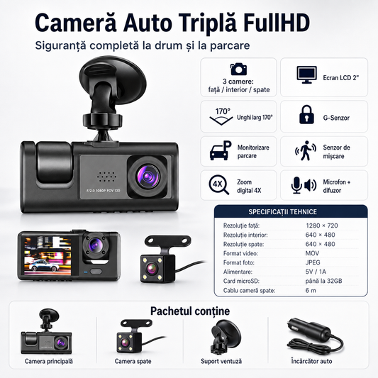 Cameră Auto Triplă 3-în-1 Față, Interior și Spate, Ecran LCD 2”, G-Sensor, Unghi 170°, Filmare în Buclă și Monitorizare Parcare ZanaCasei.Ro